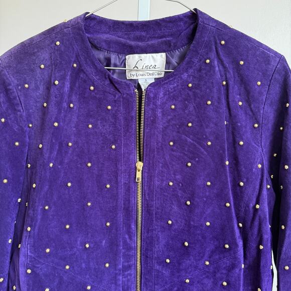 Linea by Louis DellOlio sz S purple moto VTG studded 100% leather jacket - Picture 2 of 8